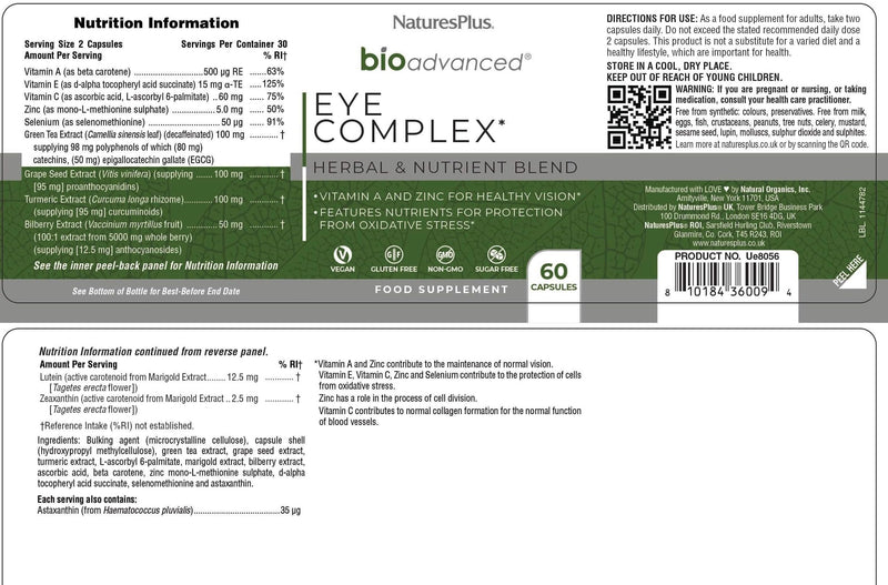 NaturesPlus Bio Advanced Eye Complex - Vision and Eye Supplement, Tired and Dry Eyes, Blue Lights, Antioxidants - Lutein, Vitamin A, C, E, Zinc, Botanicals - Vegan, Gluten-Free - 60 Capsules