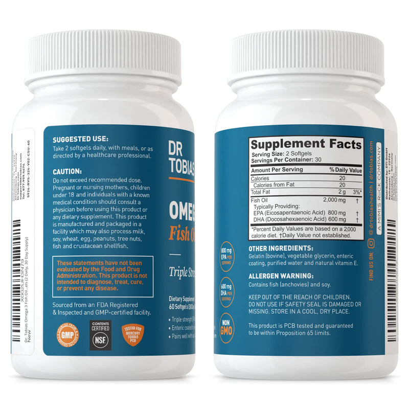 Dr. Tobias Omega 3 Fish Oil & Blood Pressure Support Supplements for Heart, Brain, Immune, Circulatory Health, with Vitamin C, B6, B12, Niacin, Folate & Herbs