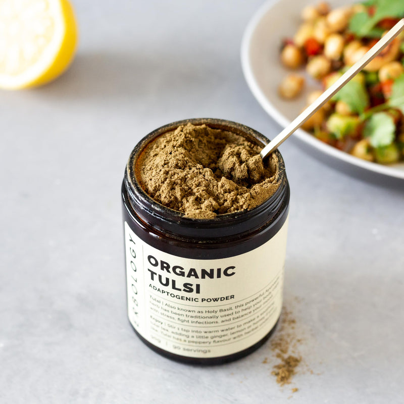 [Australia] - Erbology 100% Organic Tulsi Powder 90g - 90 Servings - Holy Basil - Calm and Mood - Straight from Farm - Raw, Vegan and Gluten-Free - Non-GMO - No Additives or Preservatives - Recyclable Glass Jar 