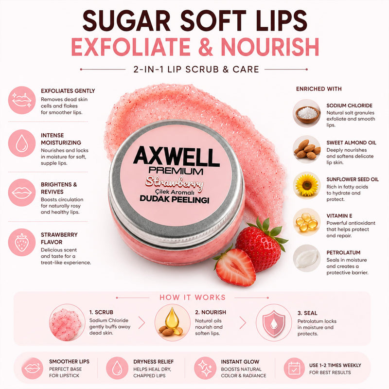 Axwell Premium Lip Scrub – Lip Exfoliator Scrub & Lip Scrubber Exfoliator for Dry Cracked Lips – Strawberry Lip Moisturizer for Very Dry Lips – Vitamin E Almond Oil Lip Balms & Moisturizers 1 fl oz