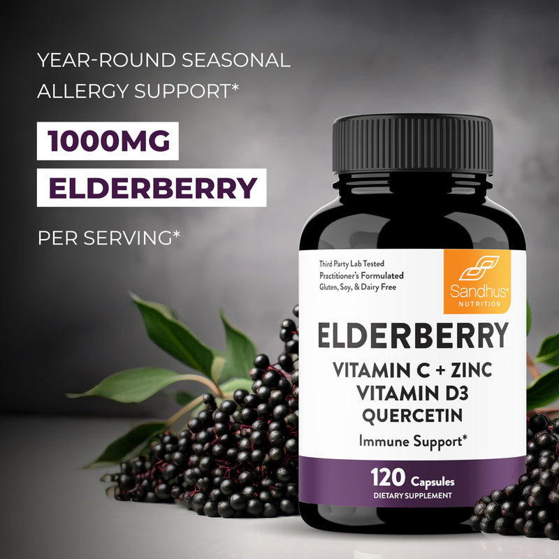 [Australia] - Sandhu's Elderberry Vitamin C and Zinc with Vitamin D3 & Quercetin | Supplement Capsules for Men & Women | Supports Immune Health | 120 Count (Pack of 1) 120 Count (Pack of 1) 