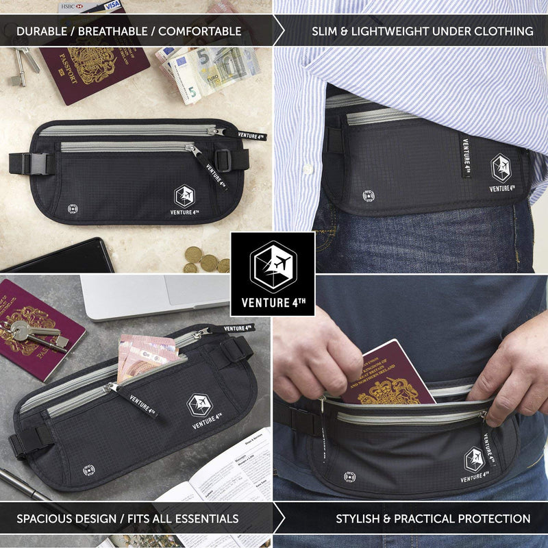 VENTURE 4TH Travel Money Belt Bundle Black and Gray - Slim Passport Holder RFID Blocking Travel Pouch to Protect Cash, Credit Cards and Travel Documents