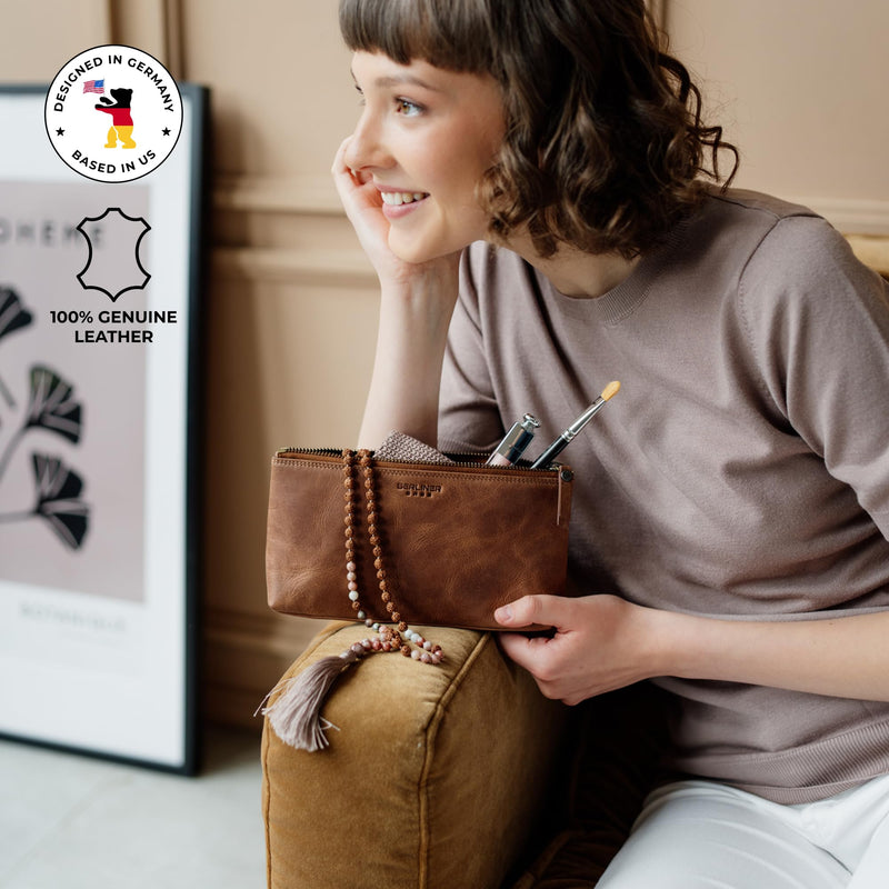 BERLINER BAGS Vintage Genuine Leather Makeup Bag For Women Anna S- Brown | Soft Leather Makeup Bag For Purse, Travel Cosmetics Pouch, YKK Metal Zipper, Slip-in Pocket Camel
