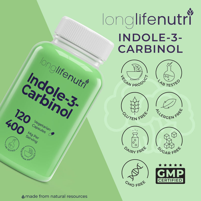 LongLifeNutri Indole-3-Carbinol 400mg - 120 Vegeterian Capsules, 4-Month Supply, Organic Supplement for Hormone Balance & Cellular Health, Lab Tested, Made in USA 120 Count (Pack of 1)
