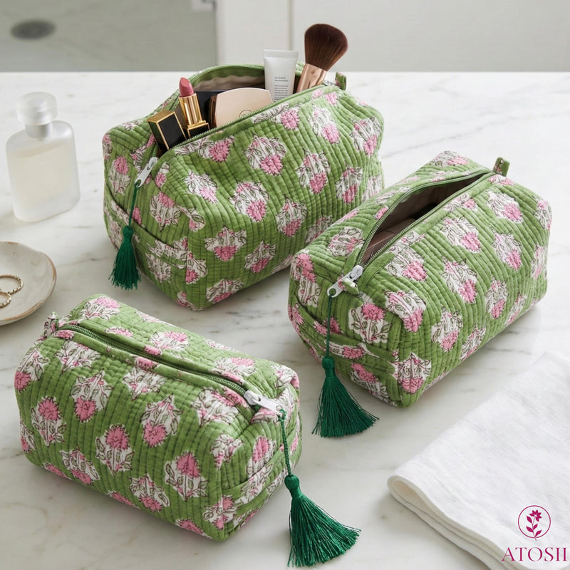 ATOSII Set of 3 100% Cotton Handblock Print Quilted Toiletry Cosmetic Makeup Travel Bag for Women, Waterproof Inner Lining, Jewelry Essentials Storage Case, Toiletries Pouch Purse, Moss Pink