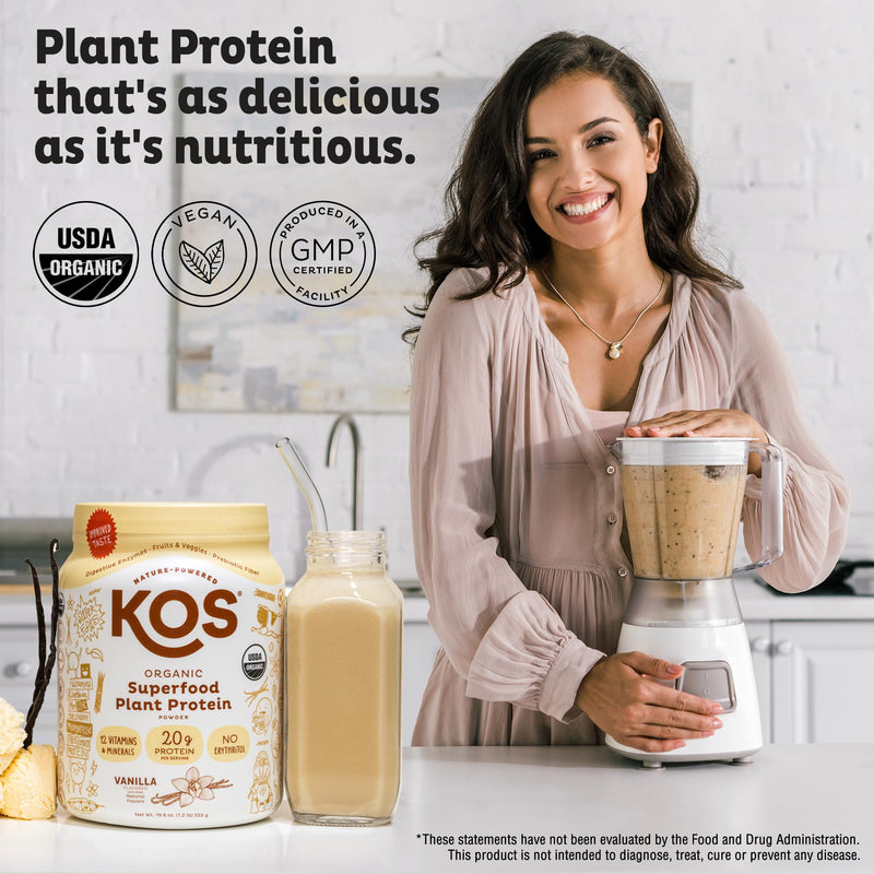 KOS Plant Based Protein Powder, Vanilla USDA Organic - Low Carb Pea Protein Blend, Vegan Superfood Rich in Vitamins & Minerals - Keto, Soy, Dairy Free - Meal Replacement for Women & Men - 10 Servings 13.05 Ounce (Pack of 1)