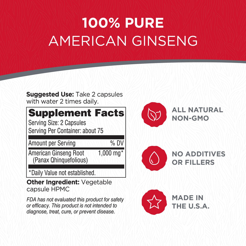 100% Authentic American Ginseng Capsules -500 mg. Potent Ground Ginseng Root - No Fillers, Binders or Other Additives. (150) 150 count (Pack of 1)