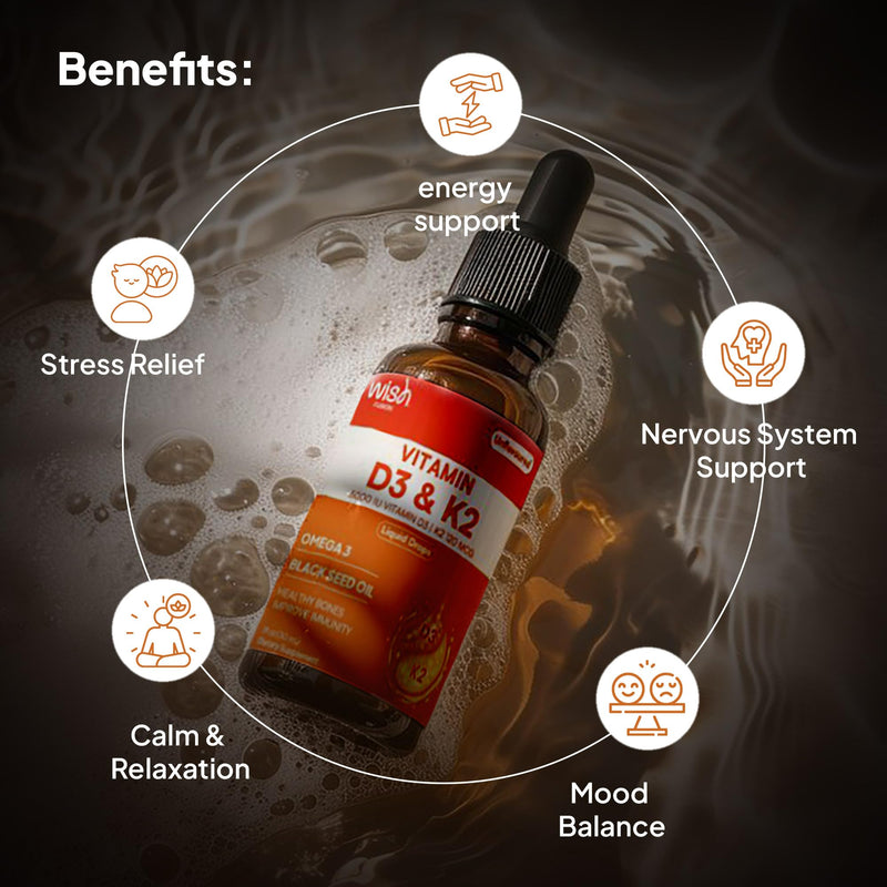 Liquid Vitamin D3 K2 Drops, 2 Pack Vitamin D Drops with Omega 3, 5000 IU D3, 120mcg K2, for Immune Support & Bone Health Black Seed Oil & Organic MCT, Liquid Multivitamin for Women & Men