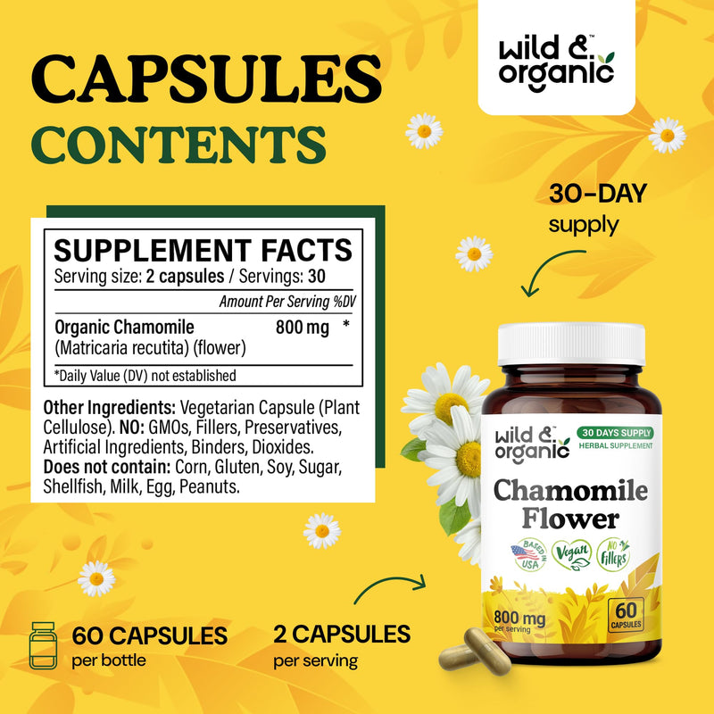 [Australia] - Wild & Organic Chamomile Capsules 800 mg - Relaxation & Digestive Support - Herb Chamomile Extract Supplement - Matricaria Recutita Flower - Vegan, No Fillers, Non-GMO - 60 Count 