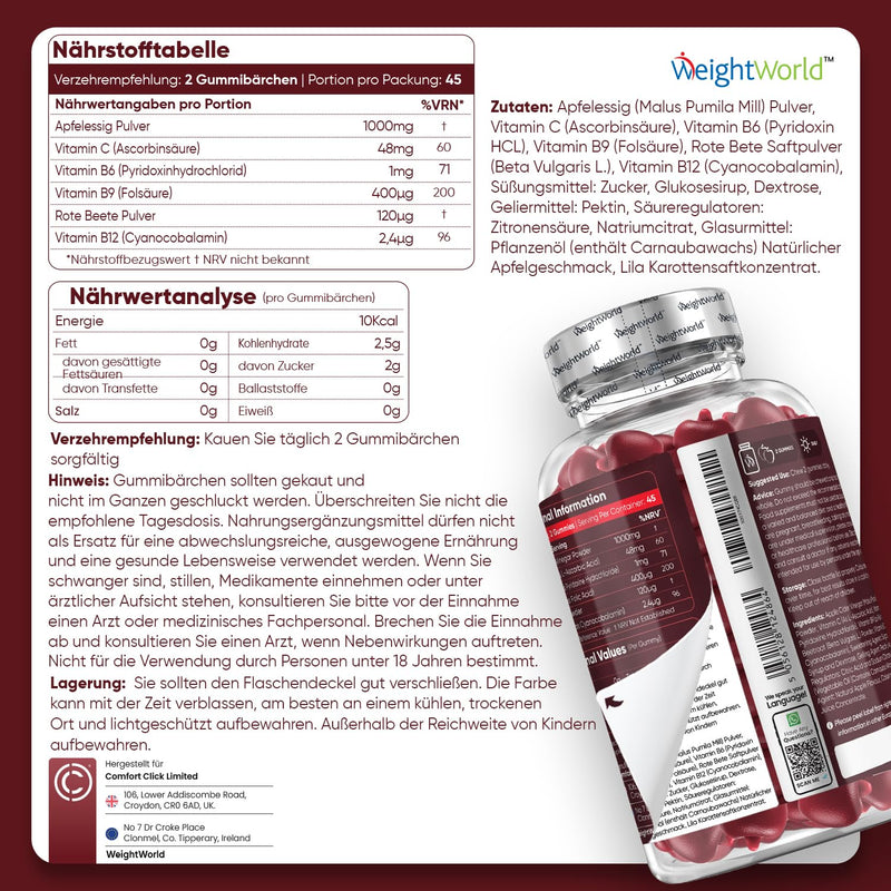 [Australia] - Apple Cider Vinegar Gummy Bears 1000mg - Vitamin C, B12, B6, & B9 Folic Acid - Immune System, Nervous System, Reduces Fatigue (EFSA) - 90 Vegan Apple Flavored Gummies - Apple Cider Vinegar - WeightWorld 