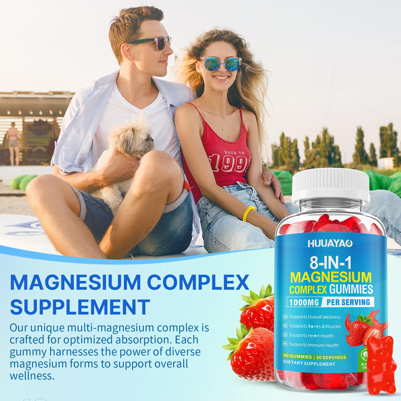 Magnesium Complex Gummies for Women Men 8 in 1, Magnesium Glycinate, Citrate, Malate, Taurate, Supports Bones, Muscle, Nerve Health, Sugar-Free, Vegan Non-GMO, Strawberry Flavor, 120 Count 120 Count (Pack of 1)