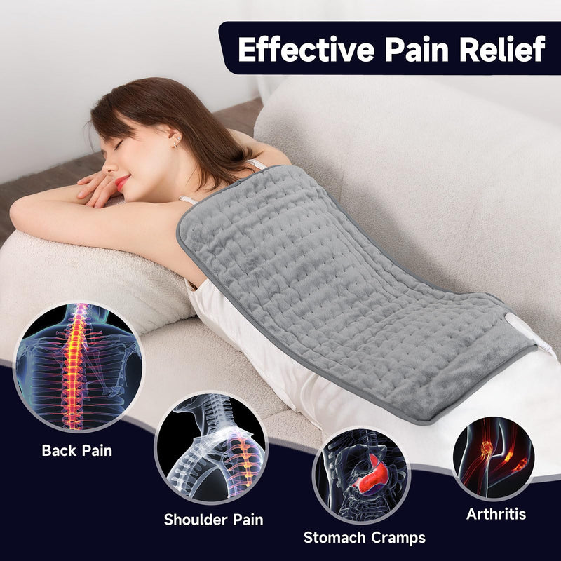 [Australia] - Heating Pad for Back & Period Cramps, Portable Heating Pad for Neck and Shoulders and Back with Auto Shut Off Large, Machine Washable, Christmas Gifts for Women, Men Gray 12x24 Inch 