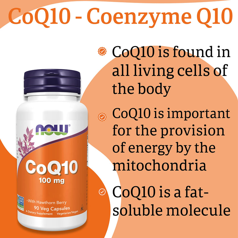 Now Foods, CoQ10 (Coenzyme Q10), 100mg, with Hawthorn, 90 Vegan Tablets, Lab-Tested, Gluten Free, Soy Free, Vegetarian, Non-GMO