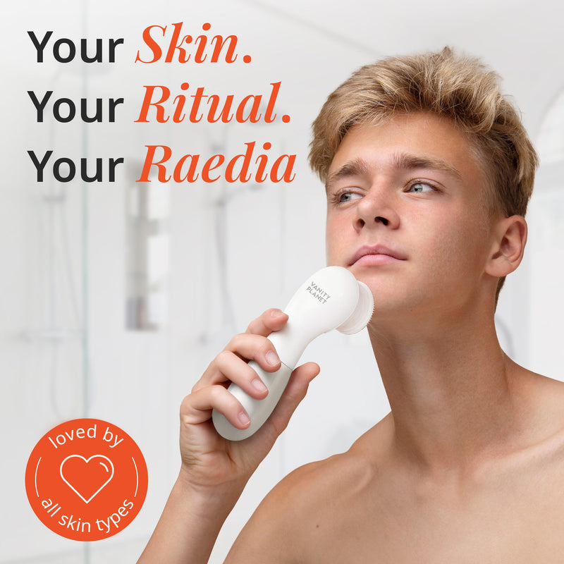[Australia] - Raedia Handheld Facial Cleansing Brush with 4 Interchangeable Brush Heads by Vanity Planet - Lightweight Daily Cleansing Brush for Glowing Skin - Water Resistant Face Exfoliator - Warm Grey Warm Gray 4 Piece Set 