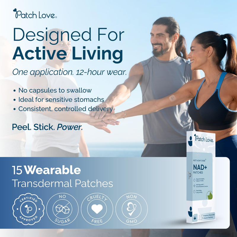 NAD+ Patches for Cellular Energy & Vitality - Nicotinamide Riboside (NR), Resveratrol & Alpha Lipoic Acid - Time-Release Transdermal Patch - Anti-Ageing Support - Vegan - 15 Patches - Made in UK