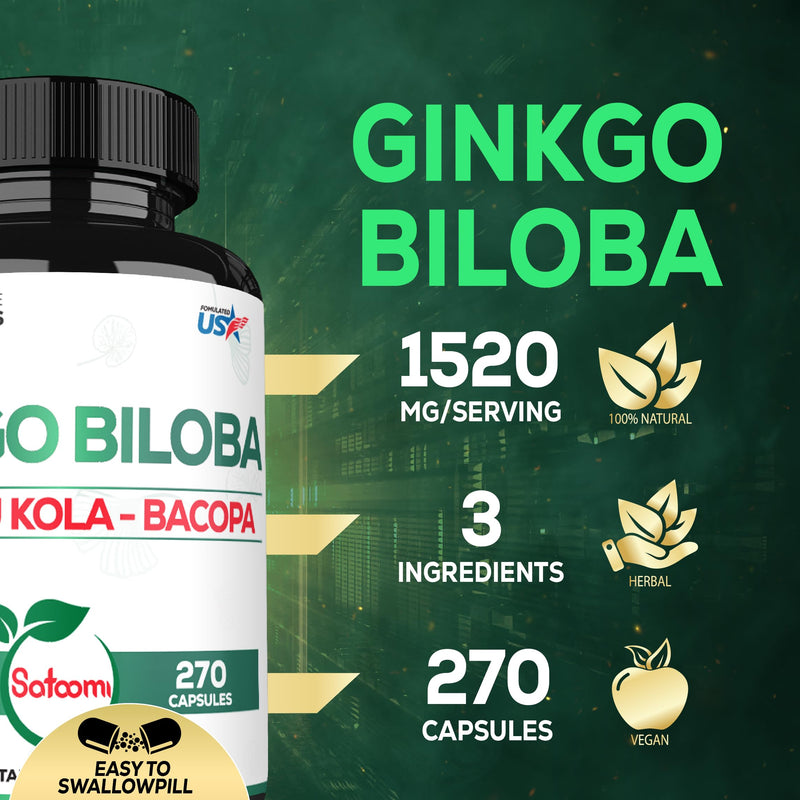 [Australia] - 1520mg Ginkgo Biloba Supplements with Gotu Kola Leaf, Bacopa Monnieri - 270 Capsules - Extra Strength Support for Brain Health, Memory Function, Focus & Vision Quality - 3 Month Supply 270 Count (Pack of 1) 