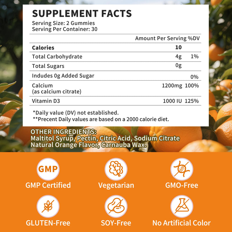 (3 Pack)Calcium Citrate 1200mg with Vitamin D3 Gummies for women & Men，Calcium Citrate Supplement for Bone & Teeth Support,High Absorption-Easy to Digest, Sugar Free,Vegan,Orange Flavor,90 Day Supply Orange 60 Count (Pack of 3)
