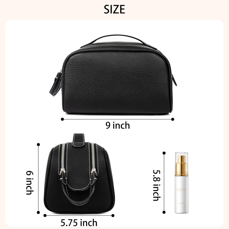 DORIS&JACKY Genuine Leather Toiletry Bag for Women and Men, Large Travel Handmade Makeup Case and Cosmetic Accessories Organizer Zipper Pouch with Carry Handle (1-Black) 1-Black