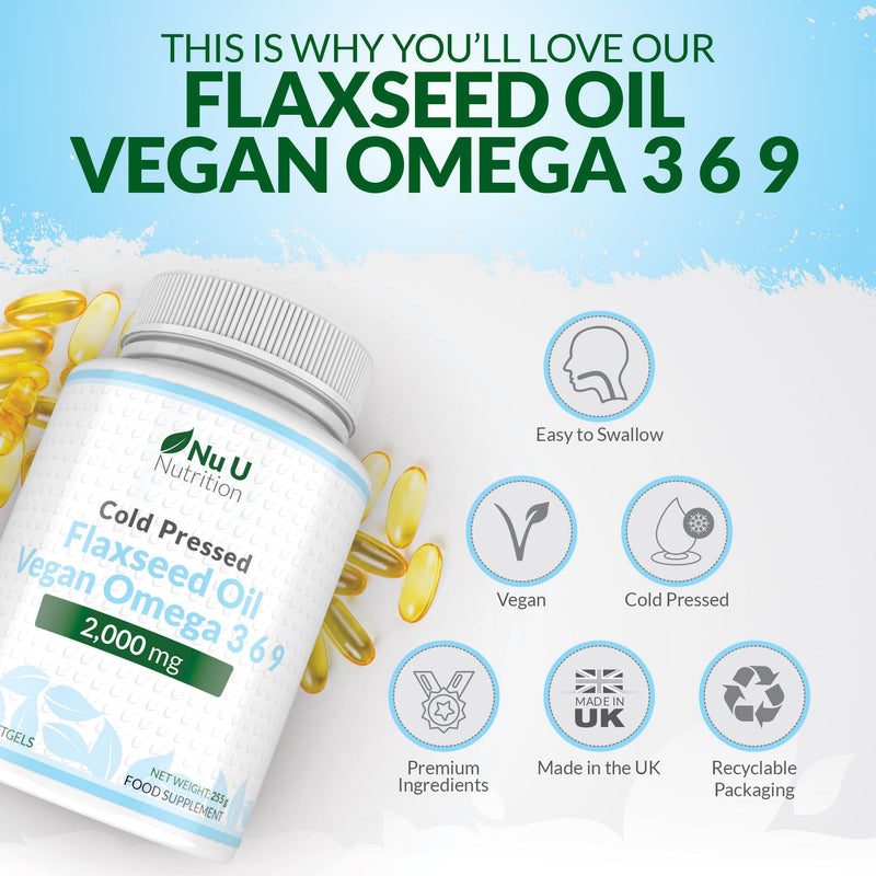 Nu U Nutrition - Flaxseed Oil Capsules 2000mg - 180 Vegan Softgels - Rich Source of Vegan Omega 3 6 9 - Cold Pressed - 3 Month Supply - Made in the UK