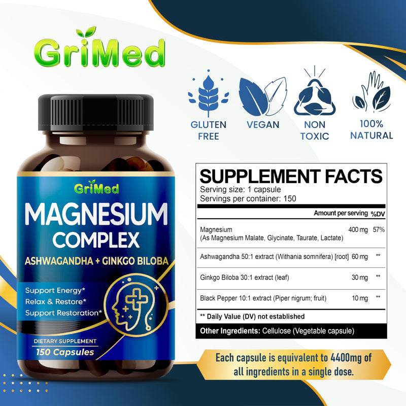 [Australia] - Magnesium Complex 8,600mg - x8 Power with Ashwagandha + Ginkgo Biloba - Relax & Restore, Restful Sleep - USA Made & Tested (150 Count (Pack of 1)) 150 Count (Pack of 1) 