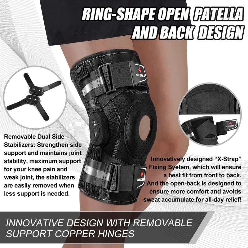 [Australia] - NEENCA Professional Knee Brace for Knee Pain, Hinged Knee Support with Patented X-Strap Fixing System, Strong Stability for Pain Relief, Arthritis, Meniscus Tear, ACL, PCL, MCL, Runner, Sport, Workout X-Large Black - Single 