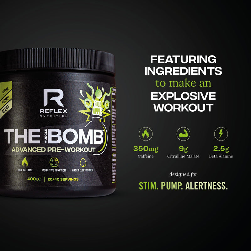 Reflex Nutrition The Muscle Bomb Caffeine Pre Workout Powder - 350mg Caffeine, 9g Citrulline Malate, 2.5g Beta Alanine - Energy, Pump & Focus for Explosive Workouts (Sour Apple, 400g, 20 Servings) Sour Apple