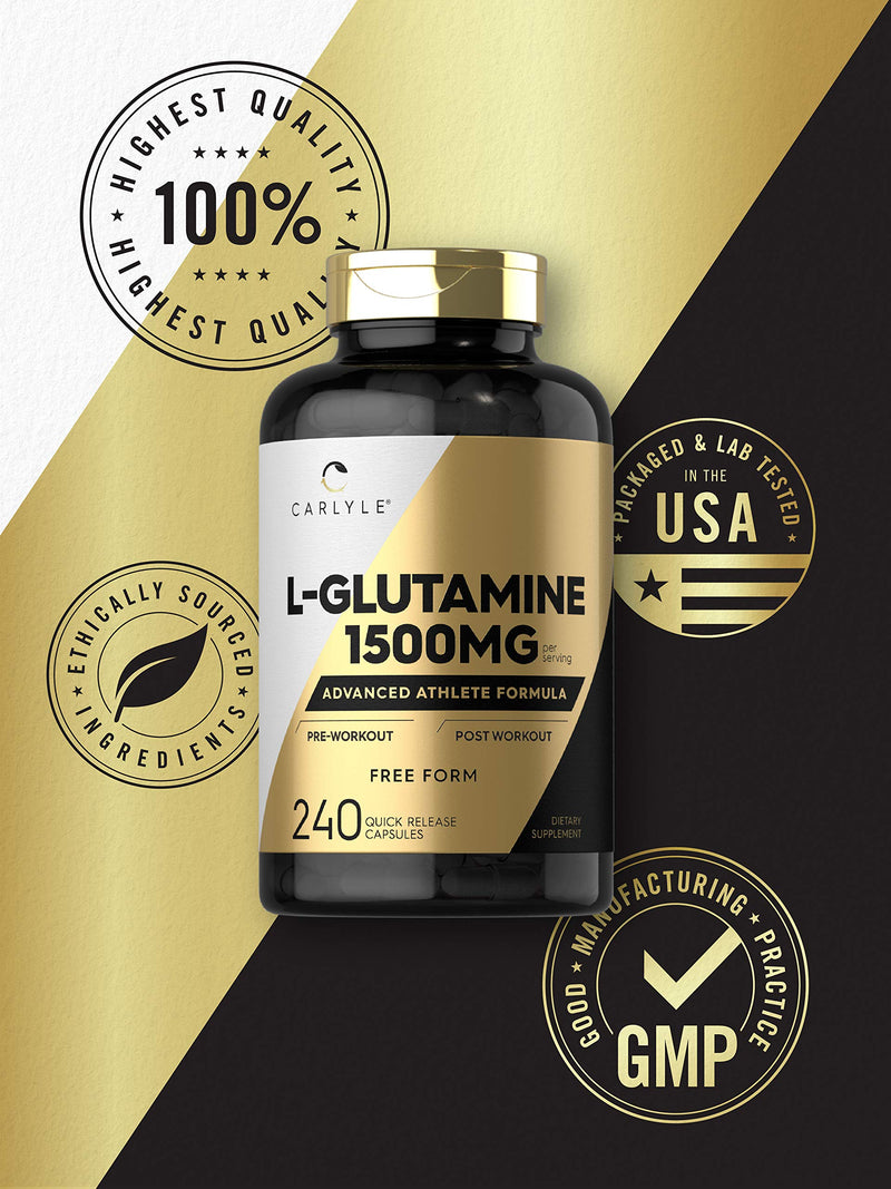 Carlyle L Glutamine Capsules | 1500mg | 240 Count | Advanced Athlete Formula | Pre and Post Workout | Non-GMO, Gluten Free Supplement