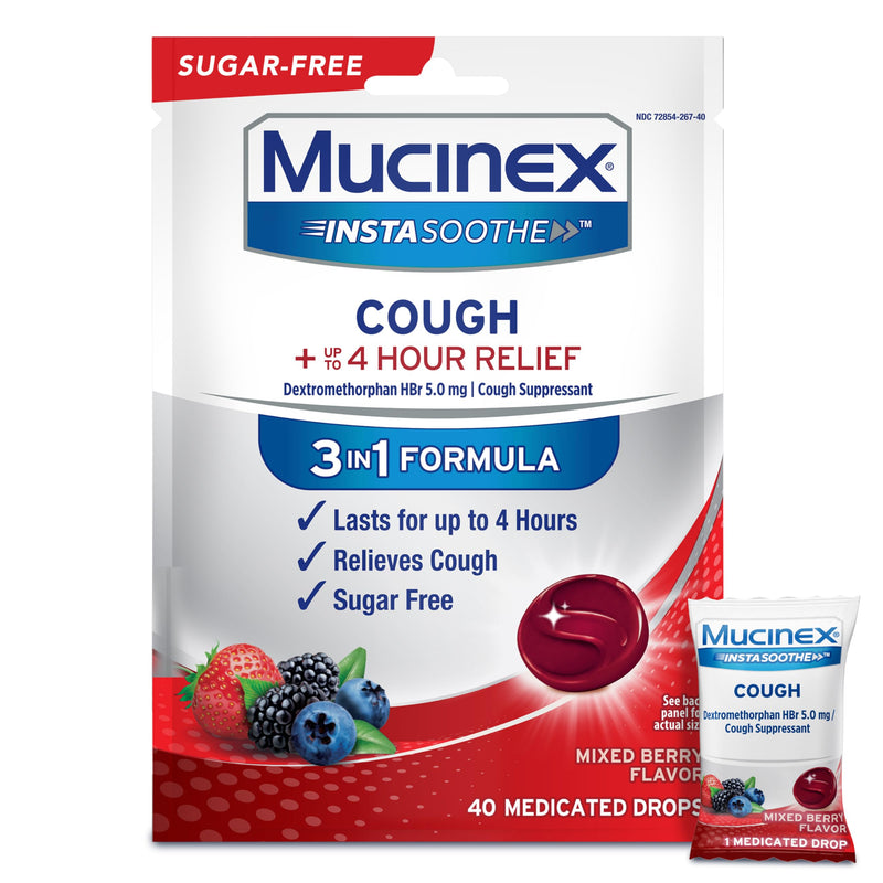 [Australia] - Mucinex Instasoothe Sugar Free Cough Drops, Cough Medicine for Adults with Dextromethorphan HBr, Non Menthol Cough Drops, Cough Suppressant Lozenges, Mixed Berry Medicated Cough Drops, 40ct 