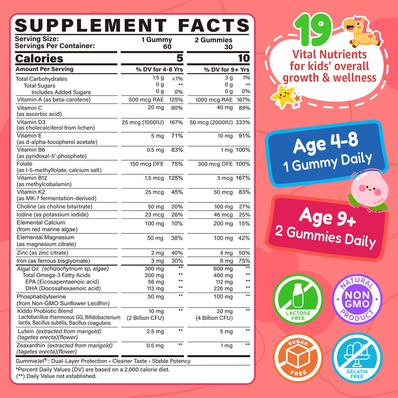 Kids Multivitamin Gummies + Omega 3(DHA/EPA), Methylated Multivitamin for Kids + Iron, Choline, Probiotic, Vitamins A C D3 K2 E, Methylfolate, B6, B12 for Growth, Immune, Bone, Brain, No Sugar, 60 Cts