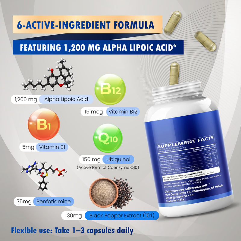 Alpha Lipoic Acid 1460 mg with 1200 mg ALA, Benfotiamine, Ubiquinol CoQ10, Vitamin B1, B12 & Black Pepper | Antioxidant & Cellular Wellness Support | 150 Capsules 150 Count (pack of 1)