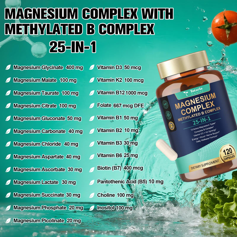 25-in-1 Magnesium Complex with Methylated B Complex, 1000mg Magnesium Complex for Women & Men with Magnesium Glycinate 400mg, 120 Vegan Capsules per Bottle, 2 Bottles 120 Count (Pack of 2)