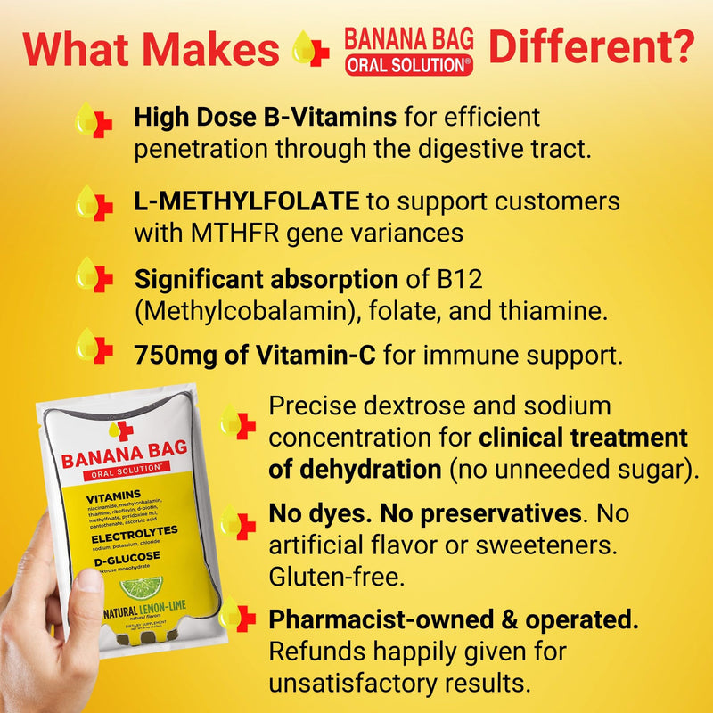 Banana Bag Electrolytes Vitamin Powder Hydration Drink Mix, Lemon Lime 5Pk | IV-level hydration powder packets w/ Electrolytes + Vitamin C & B-complex. Fast rehydration after exercise & alcohol recovery 5-Pack