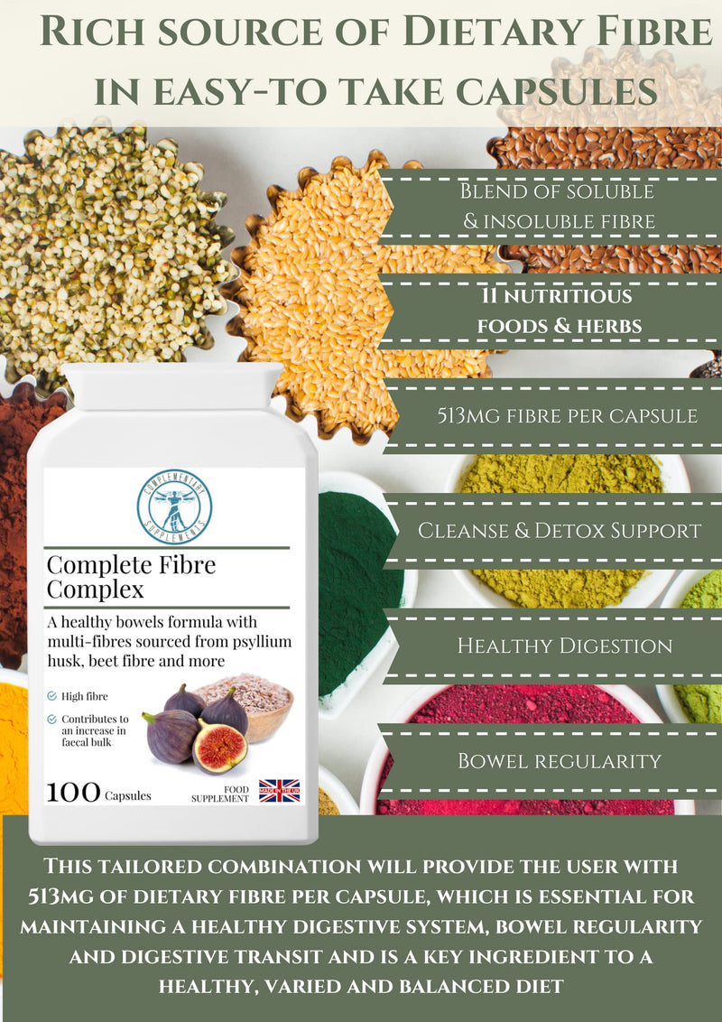 Complete Fibre Complex – High Strength Fibre Supplement for Bowel Regularity – Psyllium Husk, Flaxseed & Pectin – Soluble & Insoluble Fibre – Vegan – 100 Capsules