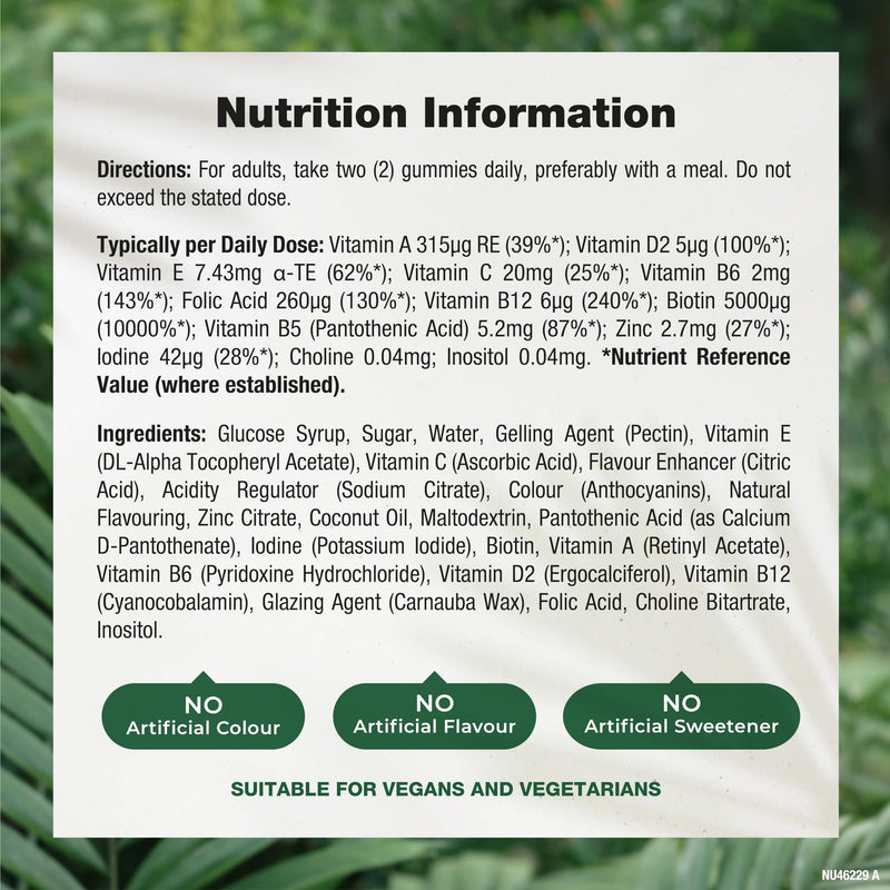Hair, Skin, Nails Gummies | 5000µg Biotin, Vitamin C, E, Zinc, Iodine & More | Beauty Vitamins | for Women & Men | 60 Raspberry Gummies | Vegan | Nature's Truth