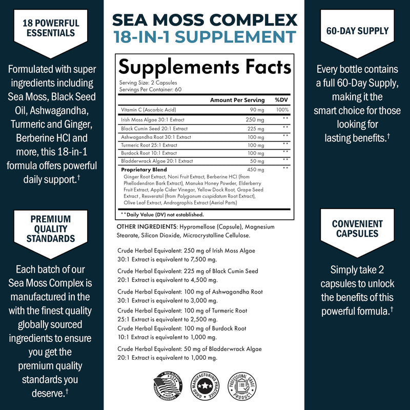 [Australia] - BioSchwartz Sea Moss Black Seed Oil Ashwagandha Ginger Supplement with Turmeric Berberine HCI Burdock Bladderwrack Resveratrol Elderberry Manuka Honey Apple Cider Vinegar ACV - 120 Sea Moss Capsules 120 Count (Pack of 1) 