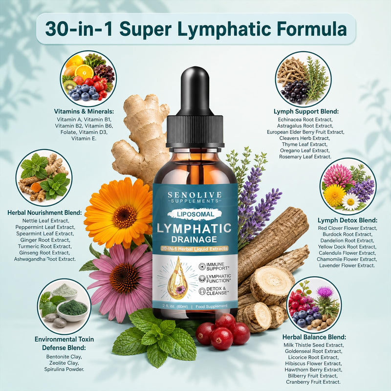 Liposomal Lymphatic Drainage Drops - 30 in 1 Organic Lymphatic Drainage Supplement with Burdock Root, Elderberry, Calendula, Cleavers Herb, Dandelion Supports Lymphatic Health, Vegan,Non-GMO, 60ml