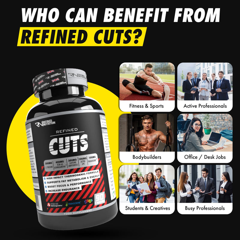 Refined Nutrition Cuts 300mg Caffeine Thermogenic Fat Burner - 90 Vegan Capsules for Weight Management, Energy, Focus & Metabolism Support with KSM-66 Ashwagandha