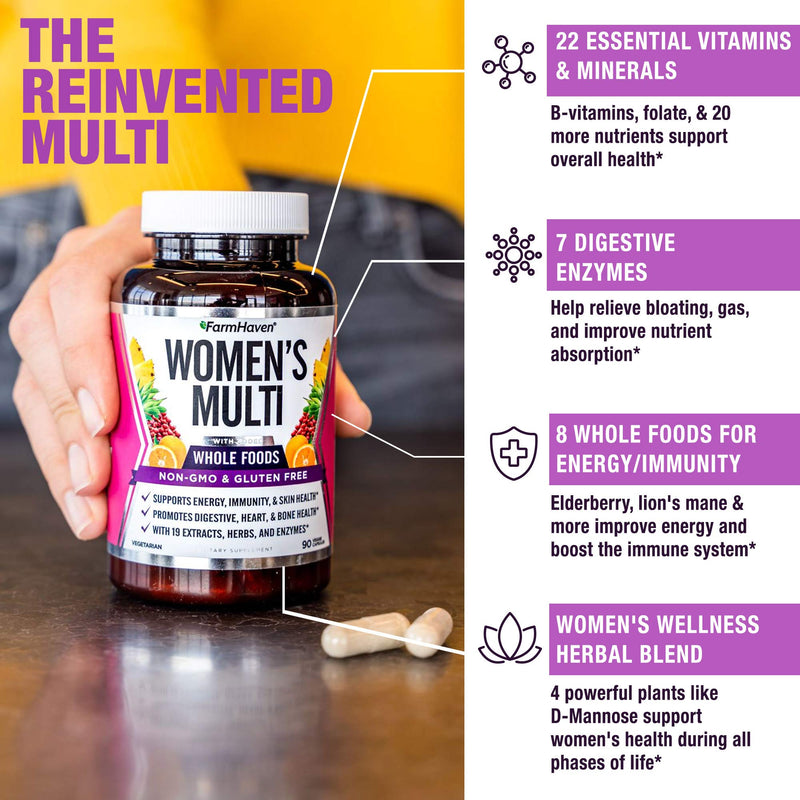 FarmHaven Multivitamin for Women - 22 Key Nutrients for Energy, 90 Caps | Fruits & Veggies Womens Multivitamin | Whole Food Multivitamin For Immune & Heart Health | Womens Daily Vitamins