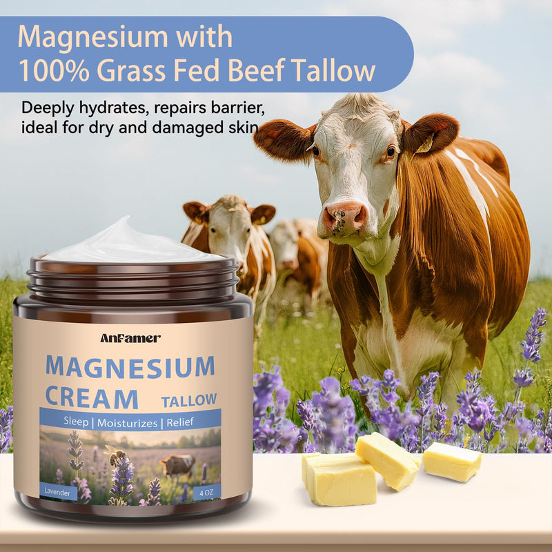 Magnesium Cream for Sleep, Tallow Based Magnesium Lotion and Leg Cramps, Muscle Relaxation, Nighttime Deep Hydration with Shea Butter Jojoba & Vitamin E for Skin Care, Safe for Kids(Lavender) Lavender