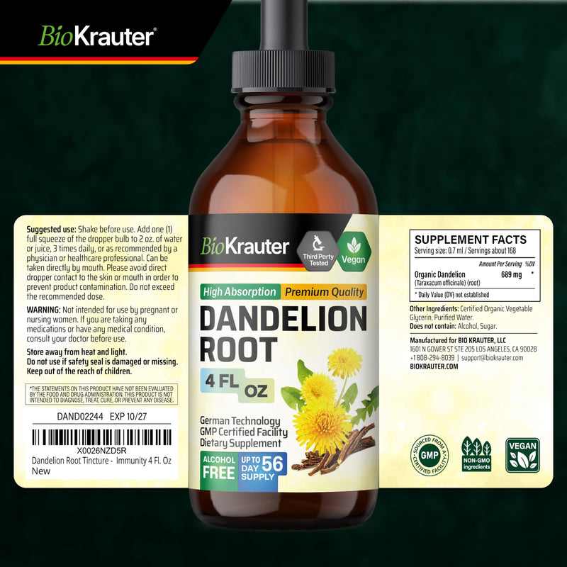 BIO KRAUTER® Dandelion Root Extract - Liquid Pure Vegan Dandelion Root Supplement 689 mg per Serving 4 Fl.Oz 56-Day Supply - Used for Liver & Kidney Support, Cleanse & Detox - Alcohol & Sugar Free 4 Fl Oz (Pack of 1)