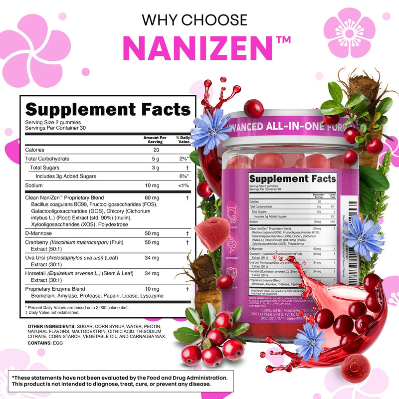 Clean Nutra Vaginal Probiotic Gummies for Women Cranberry Digestive Enzymes D Mannose Womens Probiotic Dmannose Horsetail Bromelain Chicory Fiber Feminine Care Prebiotics Inulin Papaya Enzyme Gummy