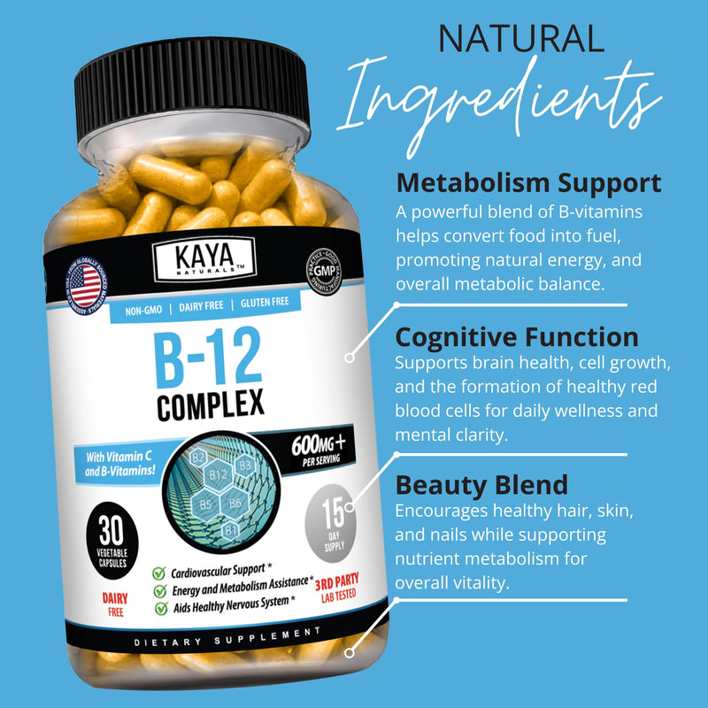 Kaya Naturals B-12 Complex Multivitamin for Women & Men, 30 Count | Energy and Metabolism Booster, With Biotin, Choline, Inositol, Folate and Vitamin C 30 Count (Pack of 1)