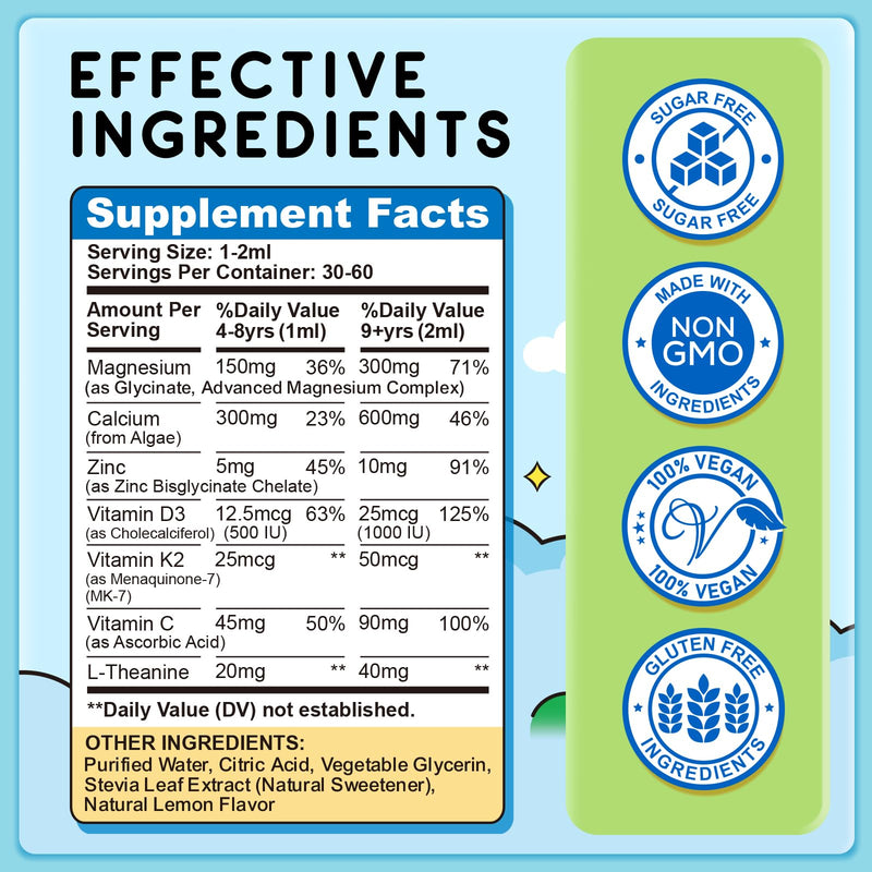 Magnesium Glycinate Liquid for Kids, Kids Magnesium Liquid Drops Supplement with L-Theanine, Calcium, Zinc, Vitamin D3 K2 for Sleep Calm Relaxation Brain Bones Focus, Lemon Flavor 2 Fl Oz 2 Fl Oz (Pack of 1)