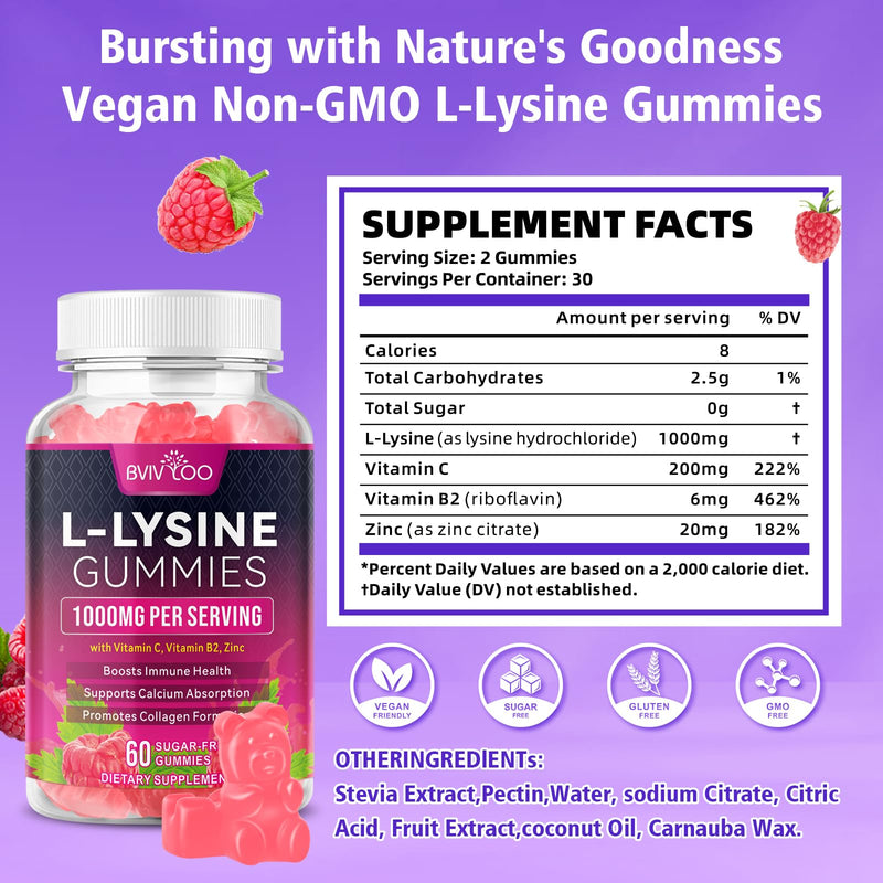 L-Lysine 1000mg Gummies for Immune Support & Skin Health - High Potency Vegan, Sugar-Free, Gluten-Free Supplement with Natural Raspberry Flavor for Adults & Kids - 60 Gummies 1pack