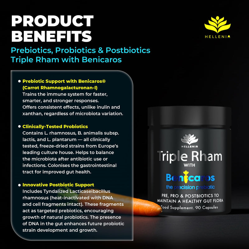 Tribiotic Capsules - Probiotics, Prebiotics & Postbiotics | Triple Rhamnosus with Patented Benicaros ® - 90 Capsules | Tribiotics Maintain a Healthy Gut Flora | GMP Certified Product, Made in The UK