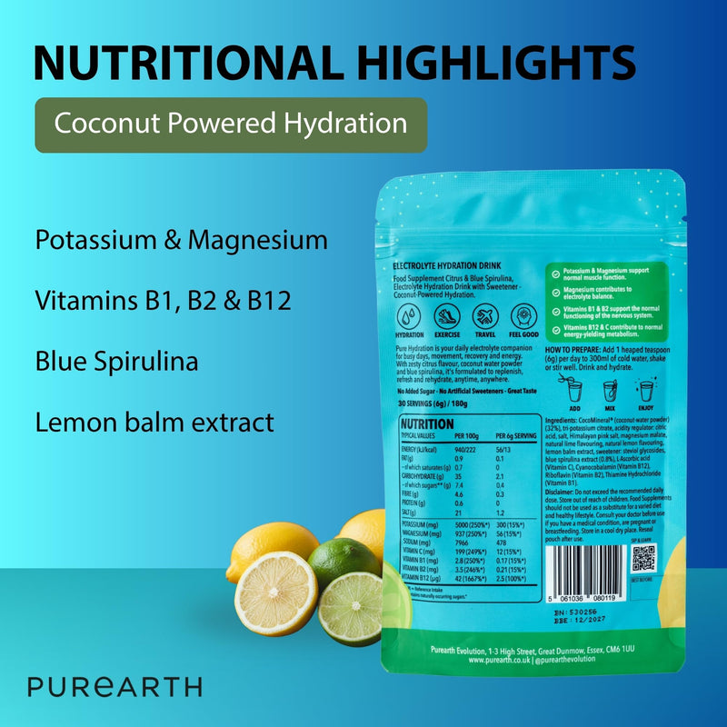 Purearth Electrolyte Hydration Drink – Citrus & Blue Spirulina 180g | Sugar Free Electrolyte Powder with Magnesium & Coconut Water | for Energy, Recovery & Muscle Function | 30 Servings