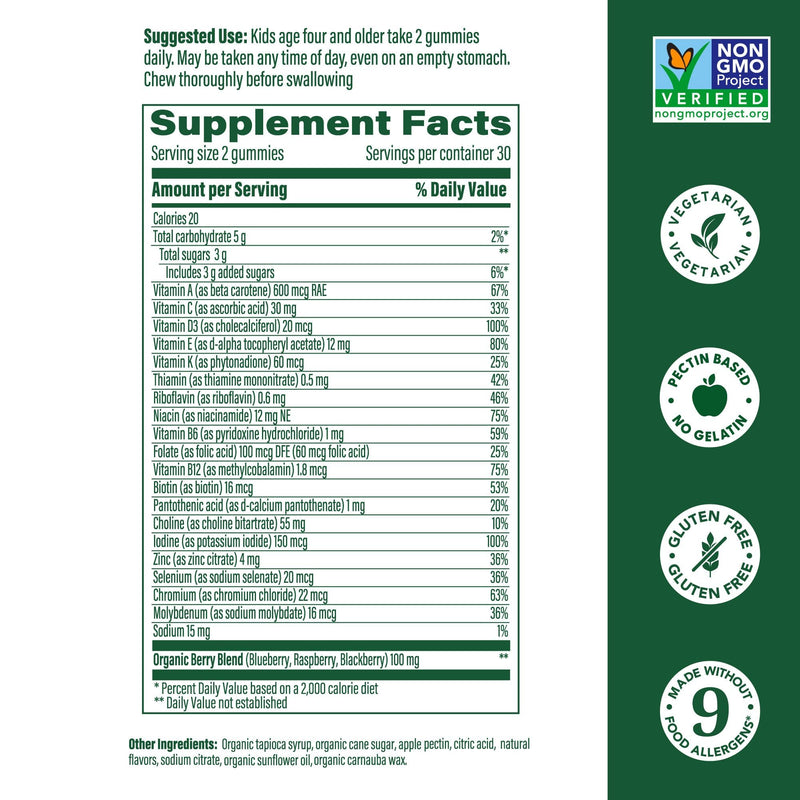 [Australia] - MegaFood Kids Multivitamin Gummies - Kids Vitamins - Age 4+ with Vitamin C, Vitamin D, Zinc, Choline, and Real Fruit - Brain & Immune Support - Berrylicious Flavor - 60 Gummies (30 Servings) Mixed Berries 60 Count (Pack of 1) 