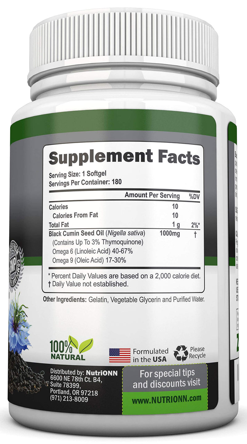 [Australia] - Black Seed Oil - 1000 Mg - 180 Softgels - Cold-Pressed Non-GMO Black Cumin Seed Capsules - Super High Thymoquinone Content - Nigella Sativa - Rich in Omega 6 & 9 Fatty Acids - Immune & Joint Support 