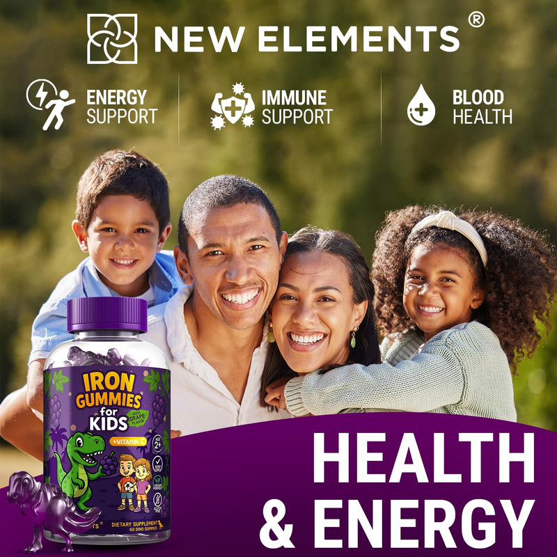 [Australia] - Iron Dinosaur Gummies for Kids with Vitamin C | Sugar-Free, Vegan, Gluten-Free & Non-GMO | Anemia Relief, Energy & Blood Health Support | Grape Flavor, Pectin-Based for Optimal Health 60 Count (Pack of 1) 
