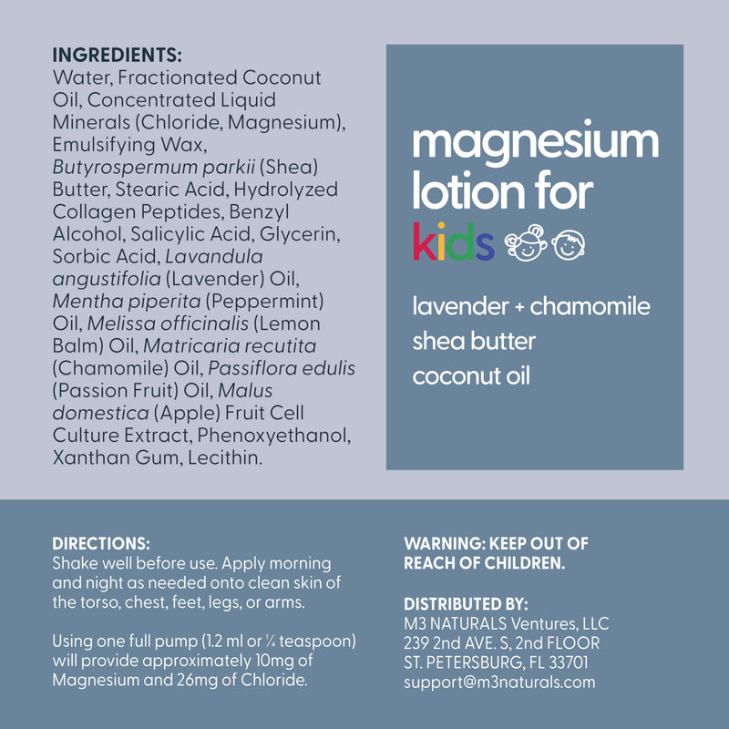Lavender & Chamomile Magnesium Lotion for Kids & Babies, 8 fl oz by M3 | Soothes Tired Legs, Supports Restful Night's Sleep, Moisturizes & Hydrates Sensitive Skin, Gentle Body Lotion for Daily Use Lavender Magnesium Lotion for Kids